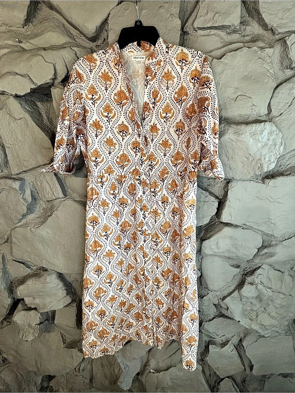 BEAU & RO Floral Midi Dress in White & Orange Size Large